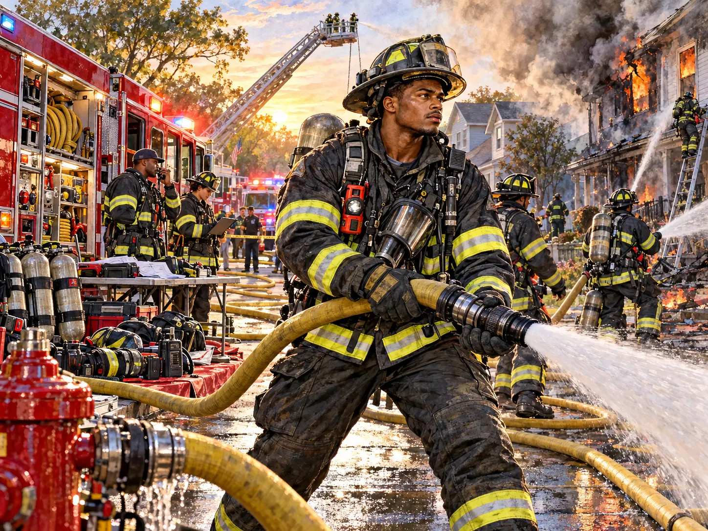 A male firefighter responding to an emergency with a fire hose