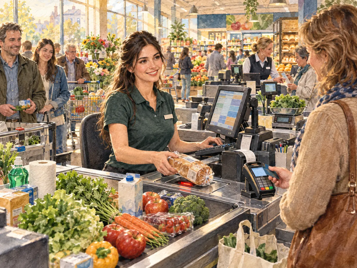 female supermarket cashier scanning groceries at a modern checkout