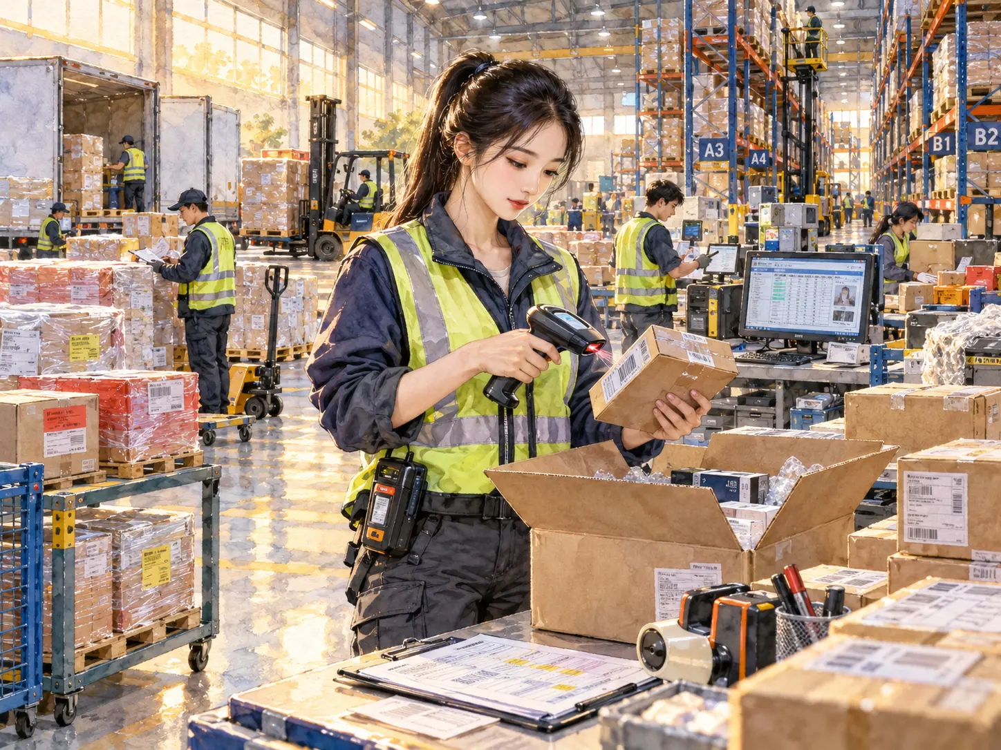 A female warehouse worker organizing boxes and scanning labels in a warehouse