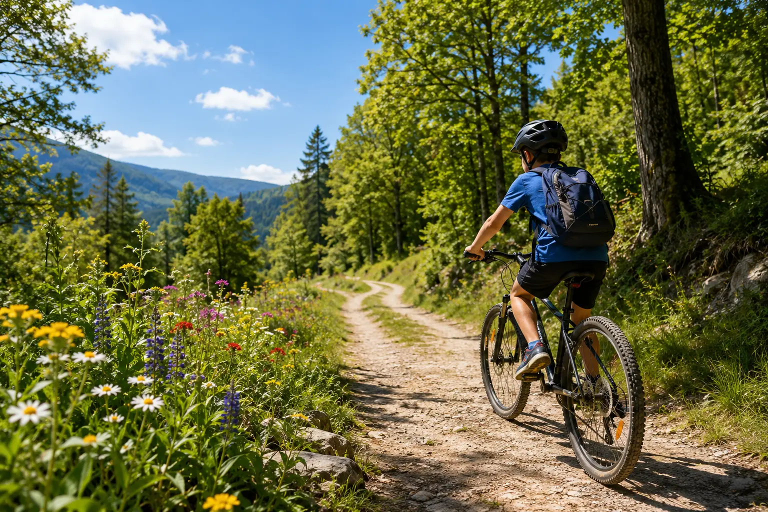 A boy riding a bicycle on a path in nature