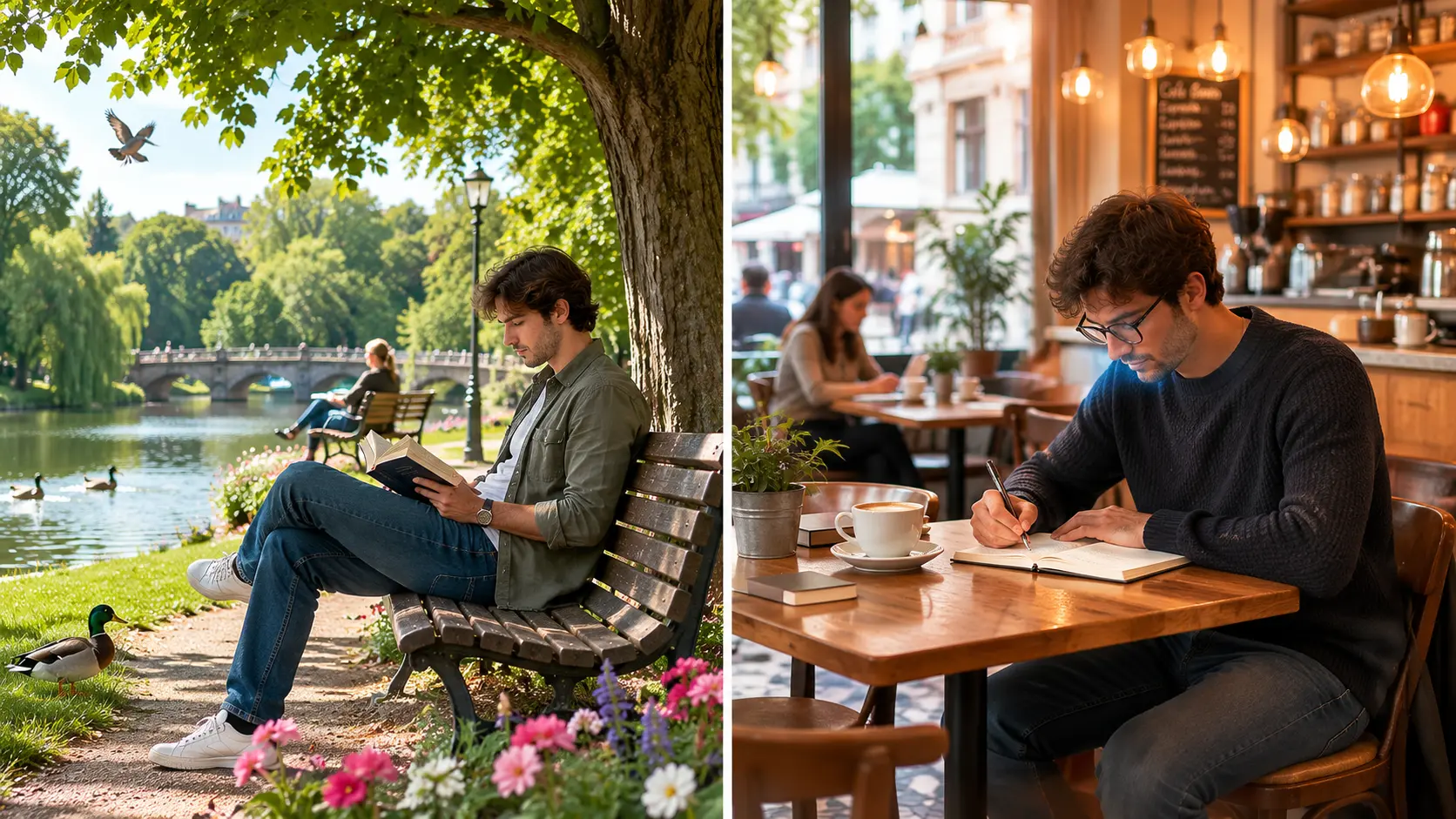 Comparison between reading in a park and writing in a café