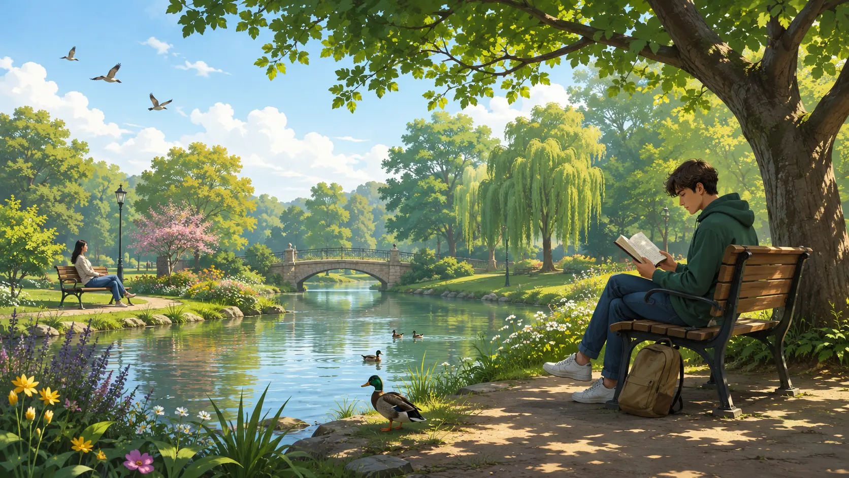 A man reading in a park by a river