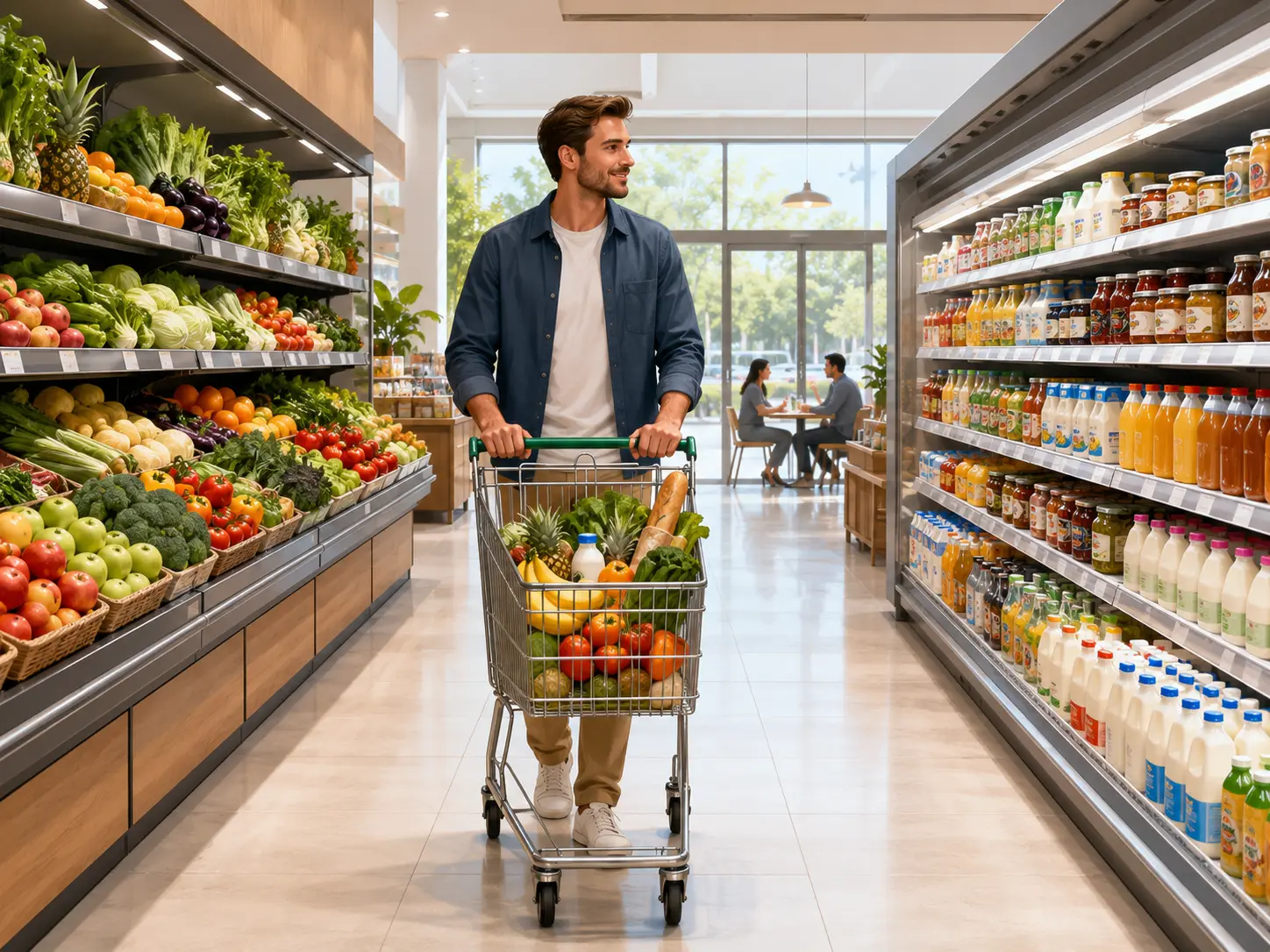 A man shopping in a supermarket aisle