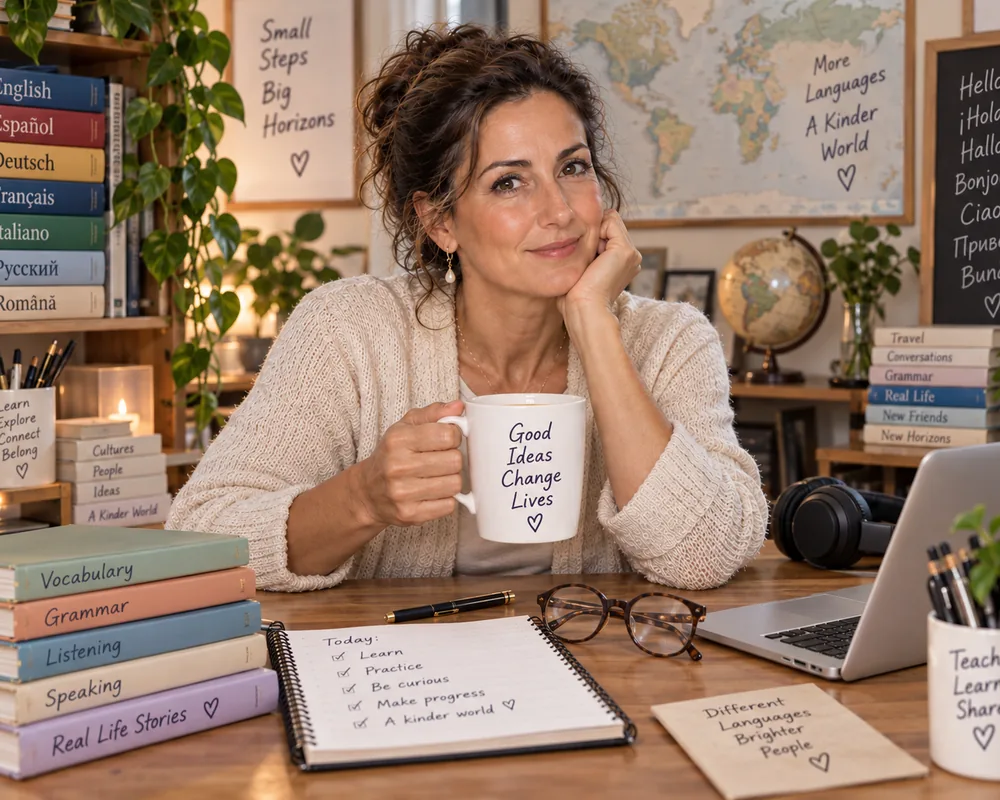 Creator of Lectura Bilingüe surrounded by language-learning resources